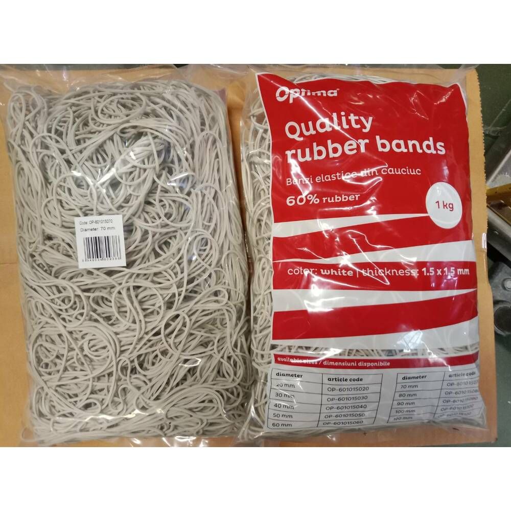 Elastice pentru bani, 60% cauciuc, 1kg/punga, D 70, grosime 1.5mm x 1.5mm, Optima - albe_1